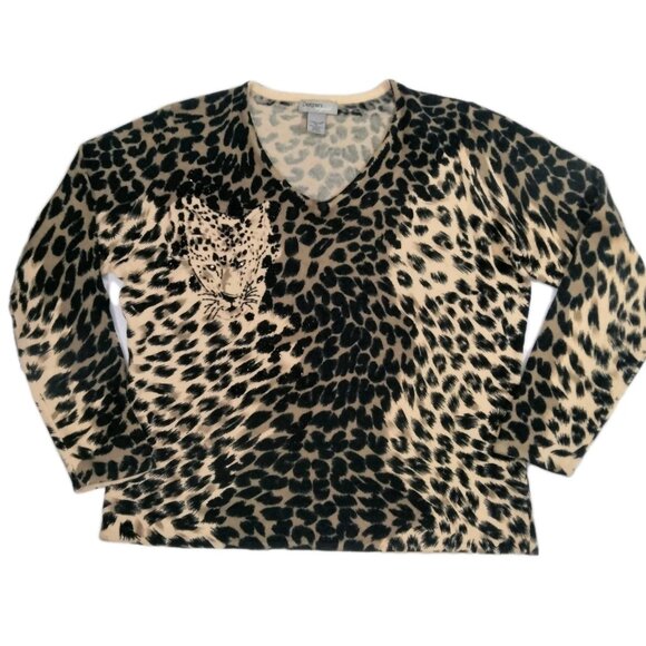 Vintage Designers Originals 90s Y2K Beaded Leopard Face Sweater XL Cheetah Cat - Picture 1 of 5